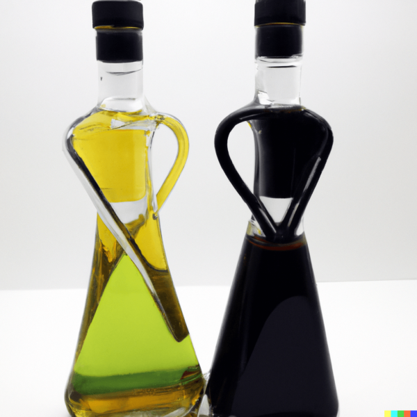 Cooking competition between 2 oils in a marasca style bottle, one in green and one in a black bottle