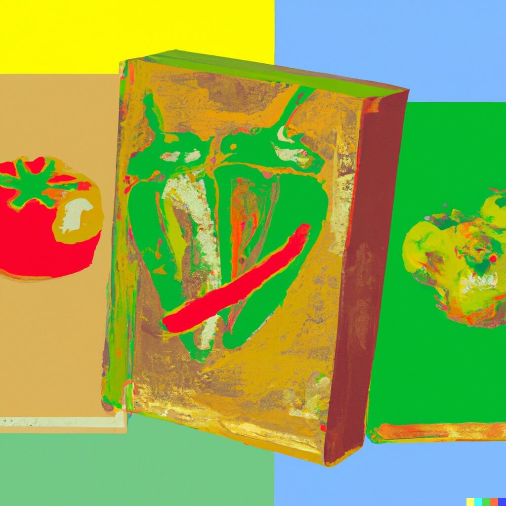 Digital art_ 3 covers of cookbooks, different in size, without text, showing vegetables on the cover, karel appel style