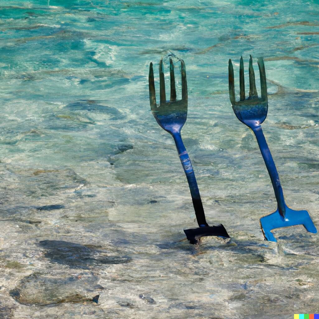 Two FORKS WALKING ON THE TURQUOISE OCEAN FLOOR